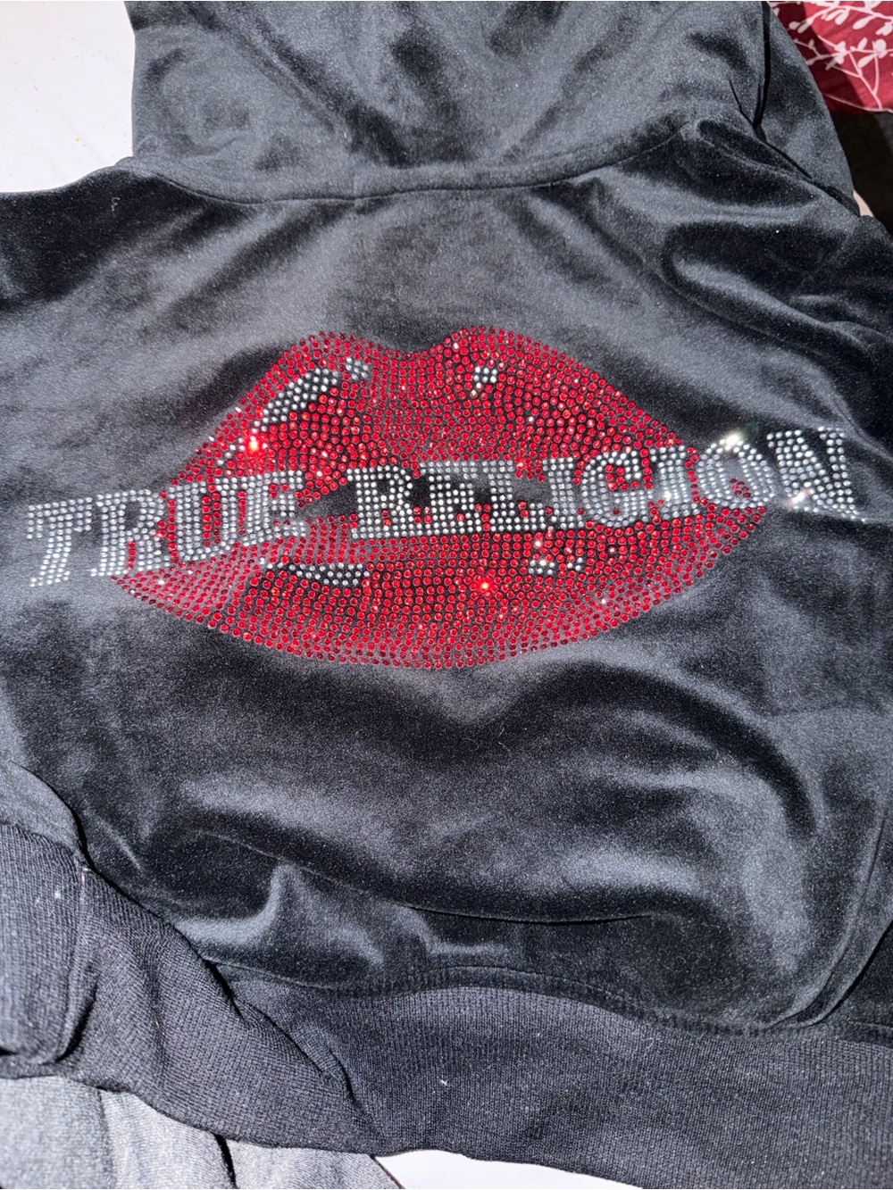 True Religion Black Hoodie with Red Rhinestone Lips and Silver Logo